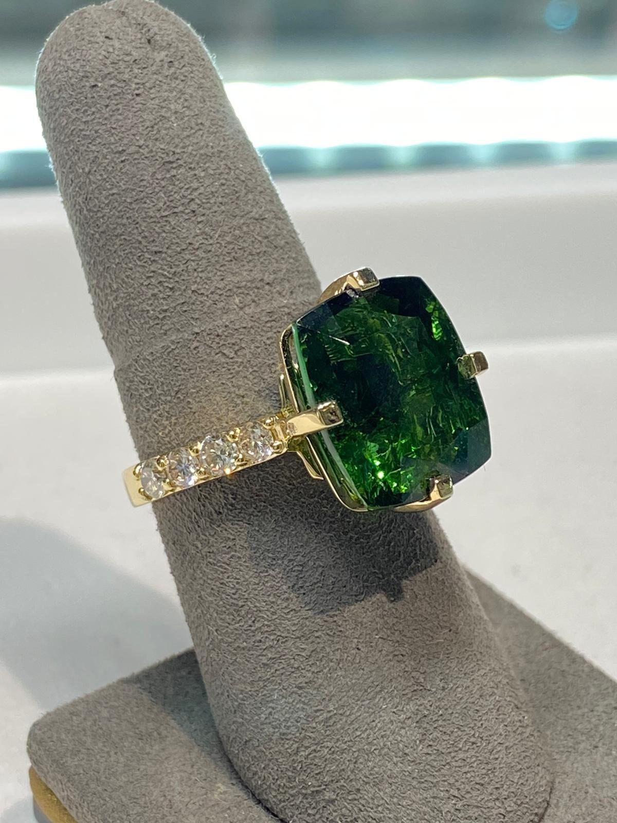 Cushion Large Green Tourmaline Diamond Cocktail Compass Statement 18 Karat Yello