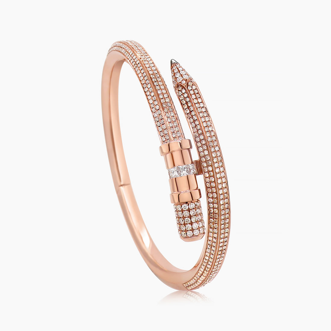 Pencil Square-Cut & White Diamond Pave Set 18K Rose Gold Bling Bangle Bracelet