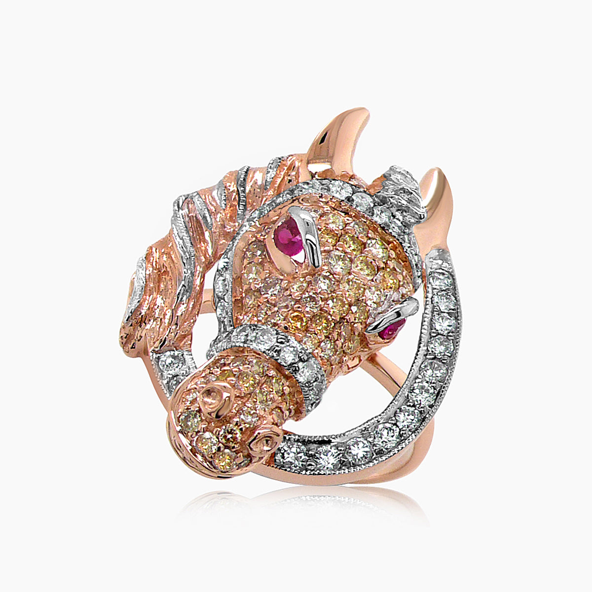 horse stallion pony diamond pave & ruby 18k rose & white gold ring