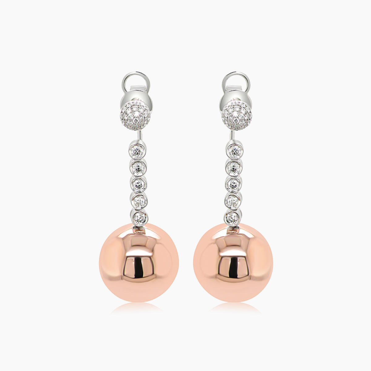 golden globe white diamond 18k rose gold ball dangle earrings