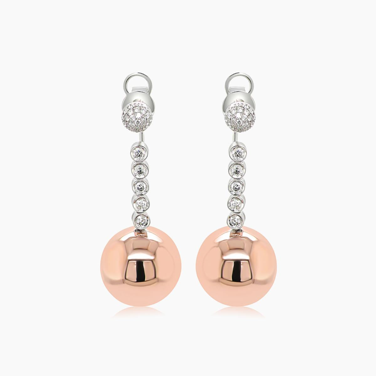 golden globe white diamond 18k rose gold ball dangle earrings