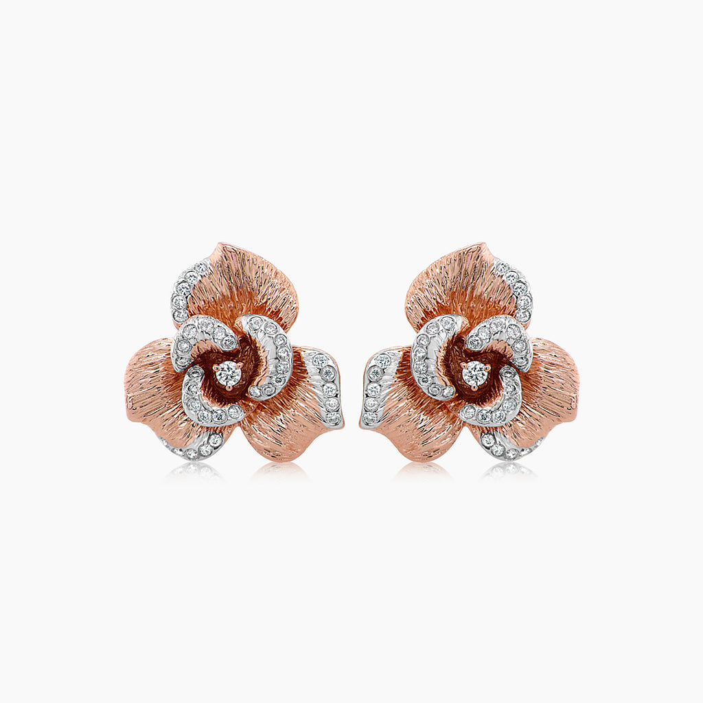 White Diamond Lilly Flower 18K White & Rose Gold Brushed Finish Earrings