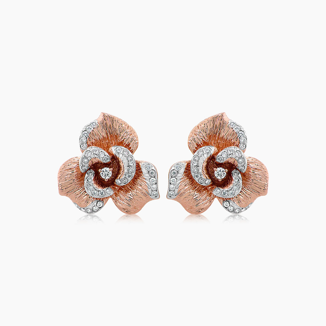 White Diamond Lilly Flower 18K White &amp; Rose Gold Brushed Finish Earrings