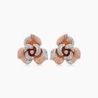 White Diamond Lilly Flower 18K White & Rose Gold Brushed Finish Earrings