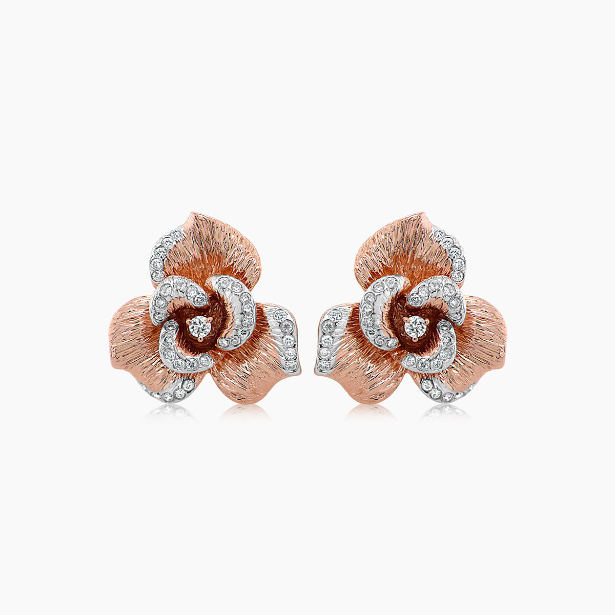 White Diamond Lilly Flower 18K White & Rose Gold Brushed Finish Earrings
