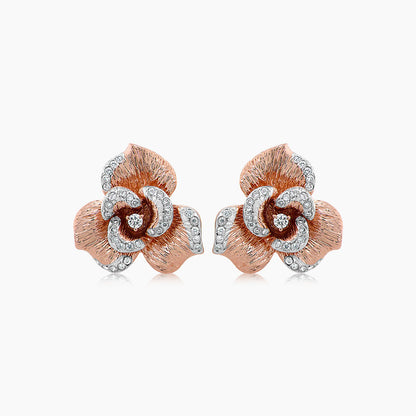 White Diamond Lilly Flower 18K White & Rose Gold Brushed Finish Earrings