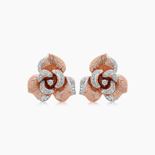 White Diamond Lilly Flower 18K White & Rose Gold Brushed Finish Earrings