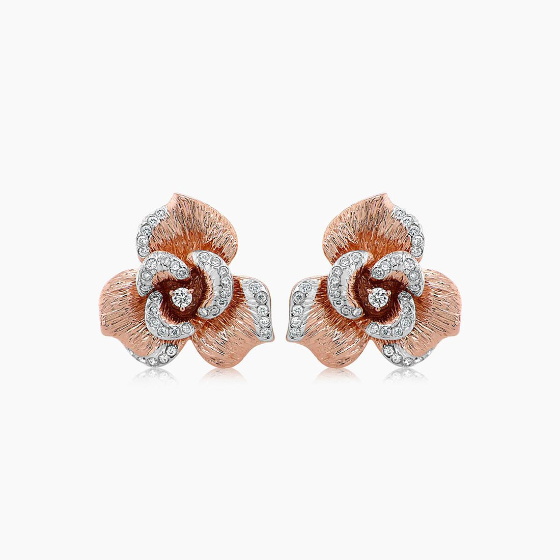 White Diamond Lilly Flower 18K White &amp; Rose Gold Brushed Finish Earrings
