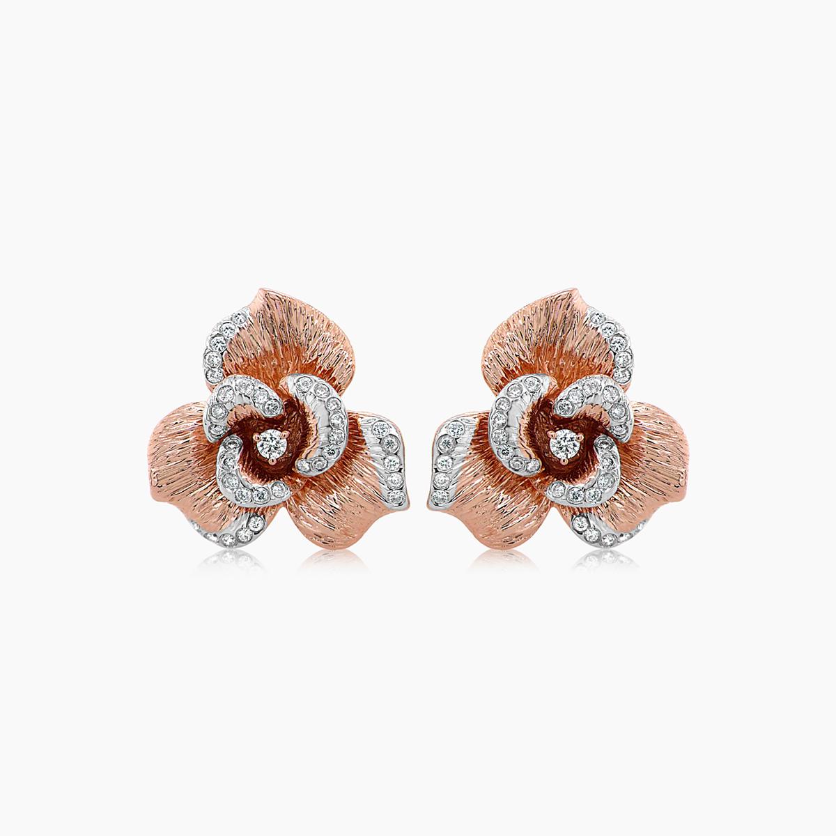 White Diamond Lilly Flower 18K White & Rose Gold Brushed Finish Earrings