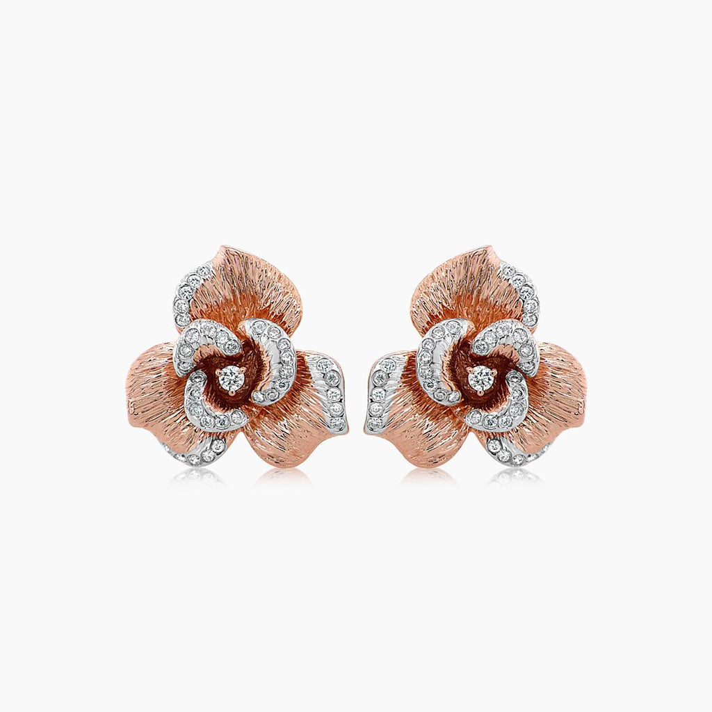 White Diamond Lilly Flower 18K White & Rose Gold Brushed Finish Earrings