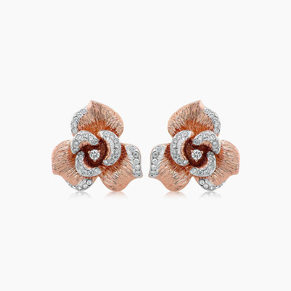 White Diamond Lilly Flower 18K White & Rose Gold Brushed Finish Earrings