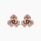 White Diamond Lilly Flower 18K White & Rose Gold Brushed Finish Earrings