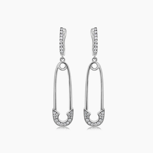 White Diamond 18K White Gold Safety Pin Earrings