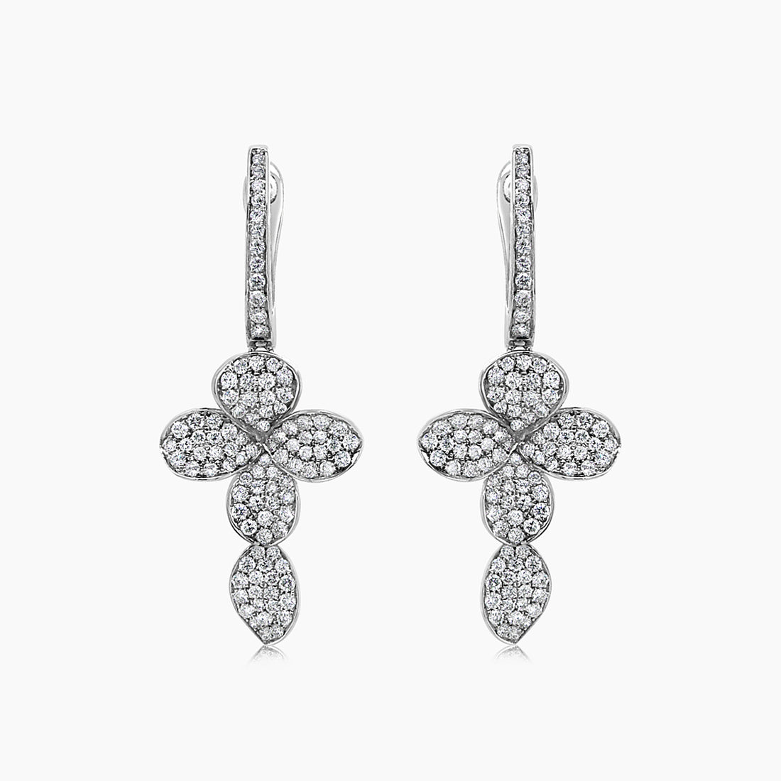 White Diamond 18K White Gold Cross Petals Nature Drop Earrings