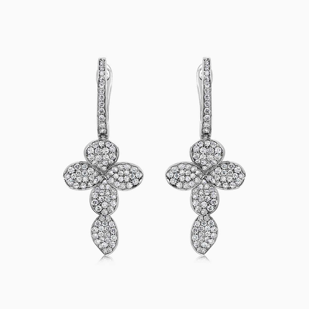 white diamond 18k white gold cross petals nature drop earrings