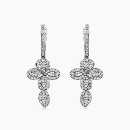 White Diamond 18K White Gold Cross Petals Nature Drop Earrings