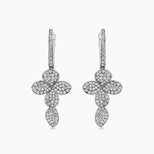 White Diamond 18K White Gold Cross Petals Nature Drop Earrings