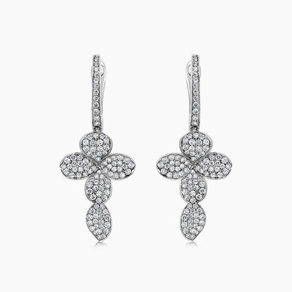 White Diamond 18K White Gold Cross Petals Nature Drop Earrings