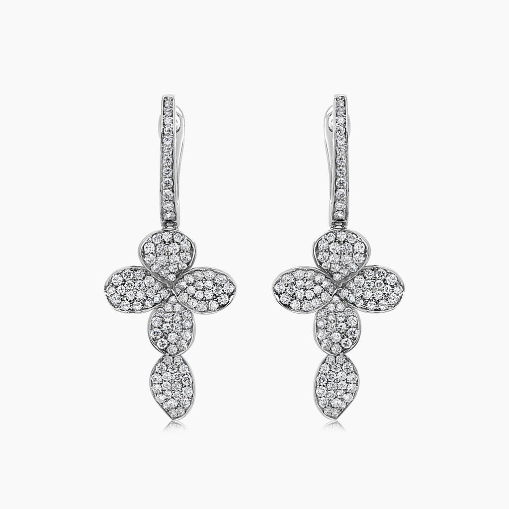 White Diamond 18K White Gold Cross Petals Nature Drop Earrings