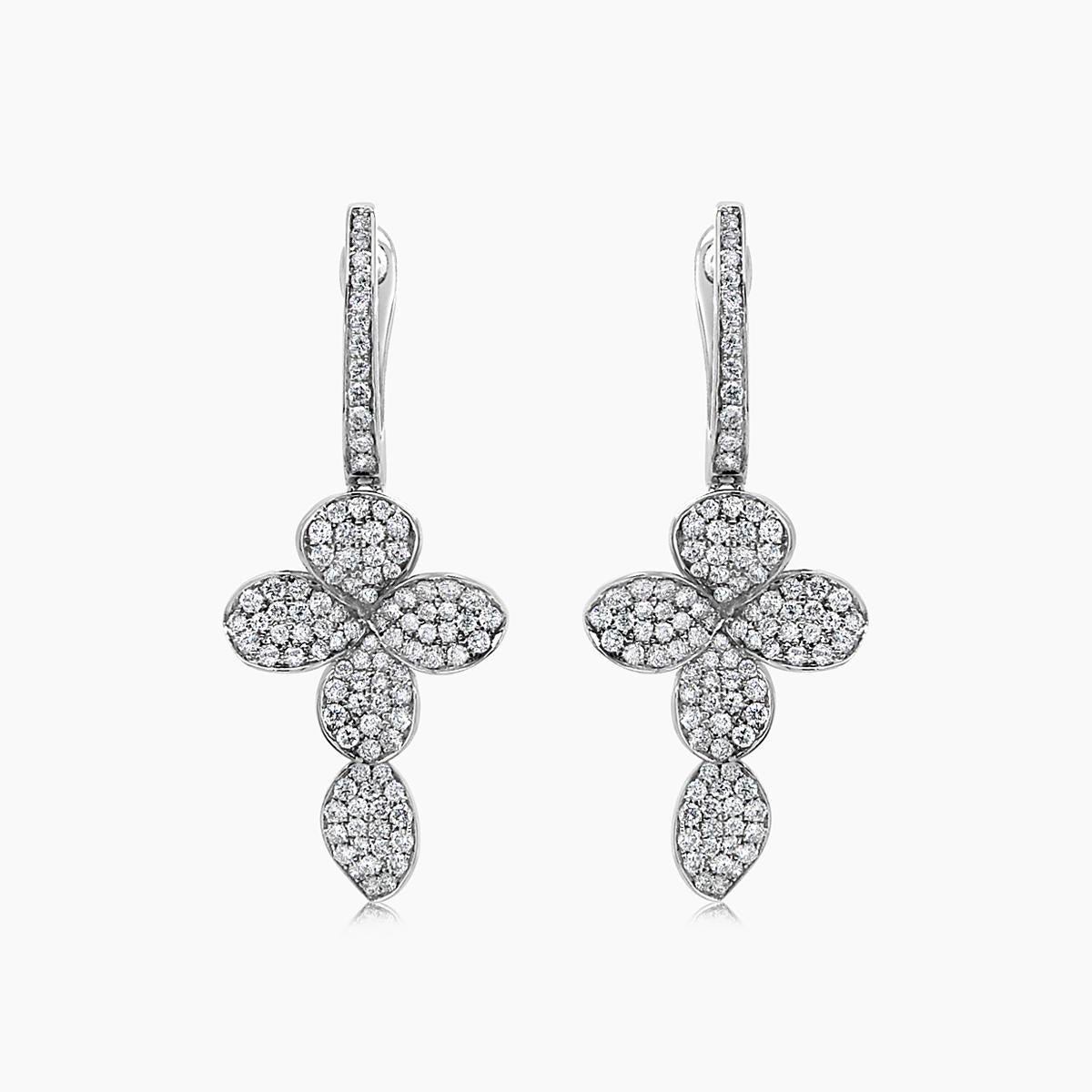 White Diamond 18K White Gold Cross Petals Nature Drop Earrings