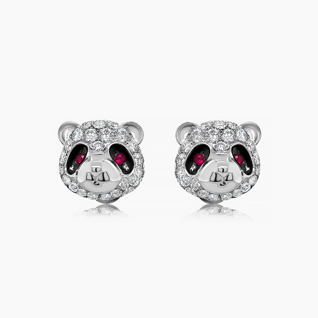 Panda Bear Diamond & Ruby 18K White Gold Animal Earrings
