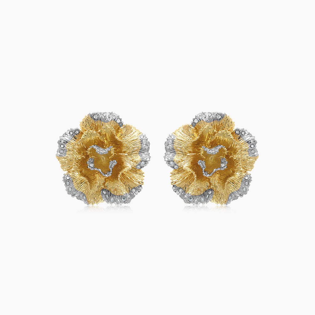 White Diamond Lilly Flower 18K White & Yellow Gold Brushed Finish Earrings