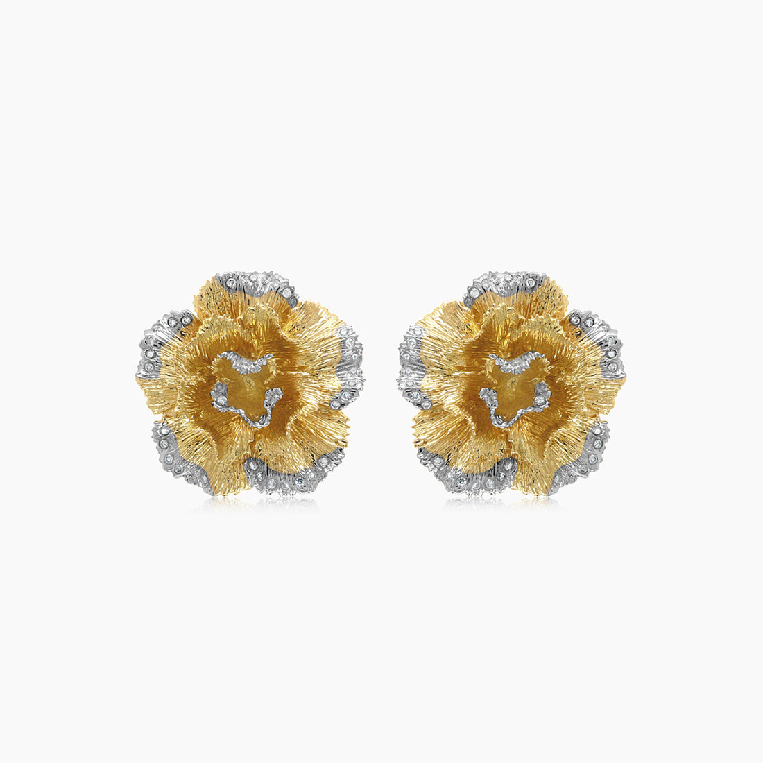 White Diamond Lilly Flower 18K White &amp; Yellow Gold Brushed Finish Earrings