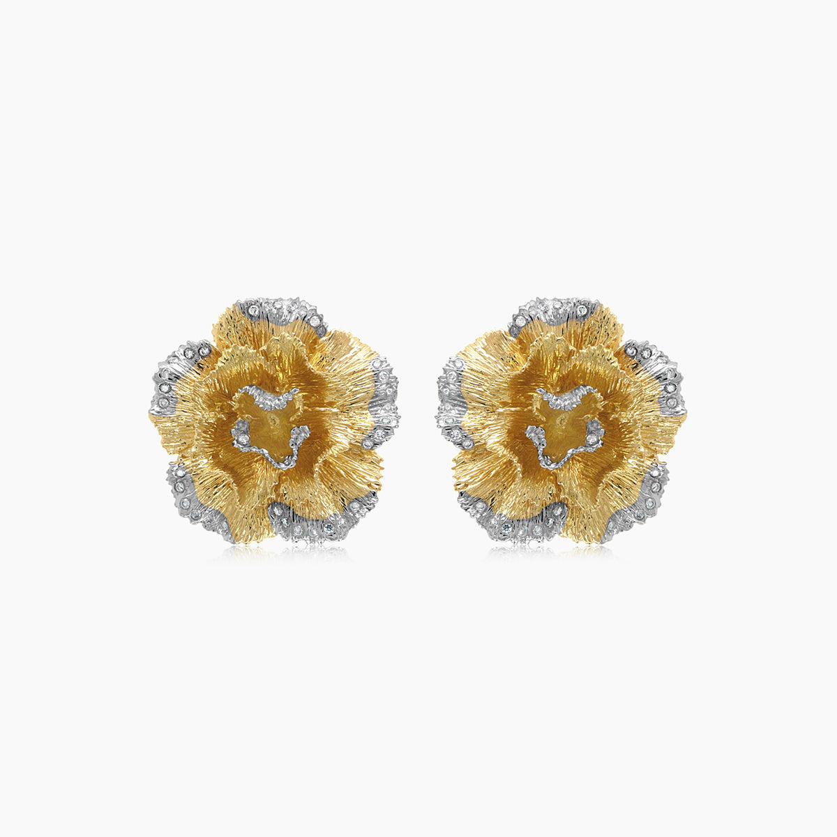 White Diamond Lilly Flower 18K White & Yellow Gold Brushed Finish Earrings