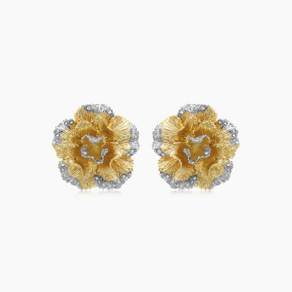 White Diamond Lilly Flower 18K White & Yellow Gold Brushed Finish Earrings