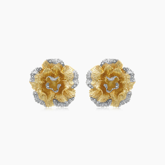 White Diamond Lilly Flower 18K White & Yellow Gold Brushed Finish Earrings