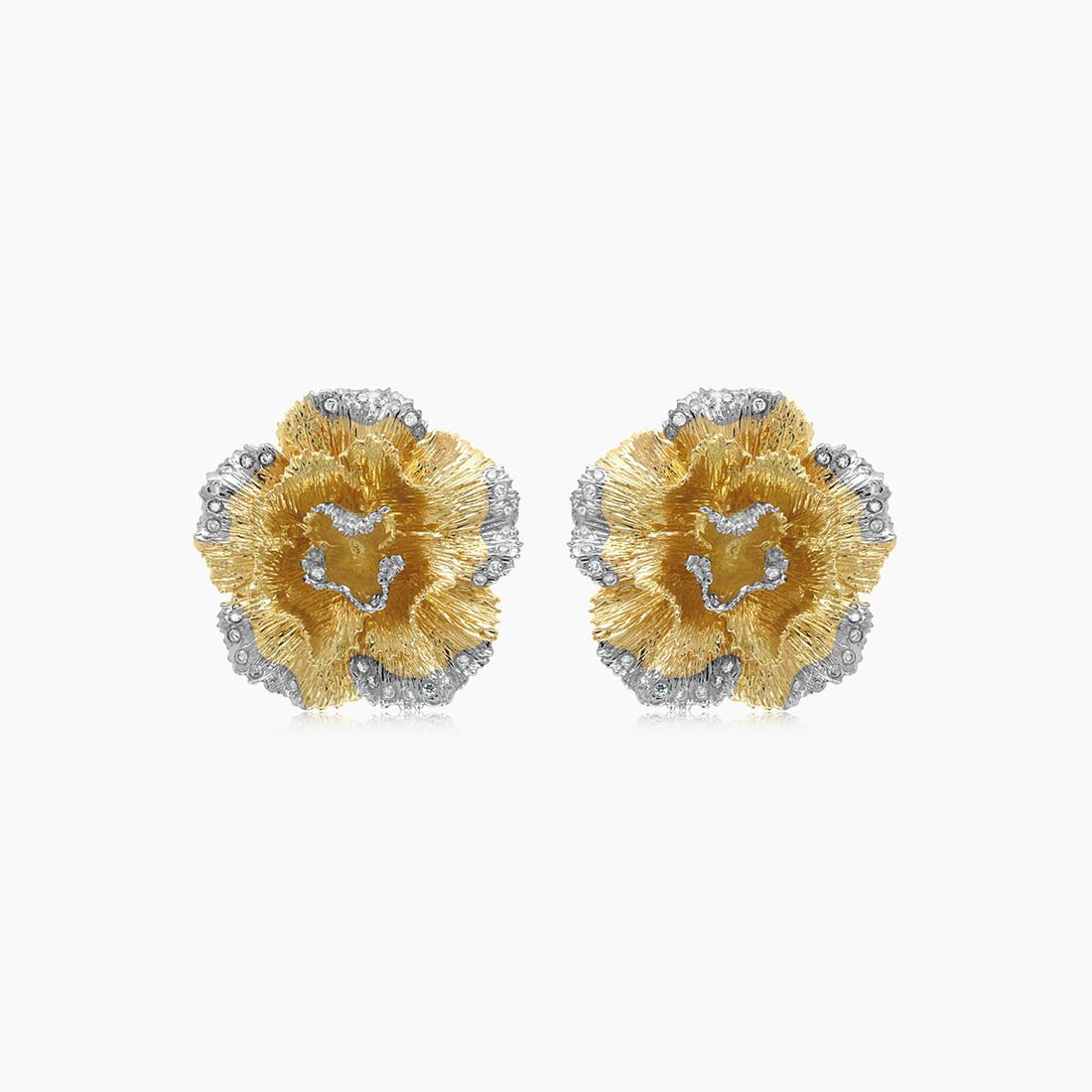 White Diamond Lilly Flower 18K White &amp; Yellow Gold Brushed Finish Earrings