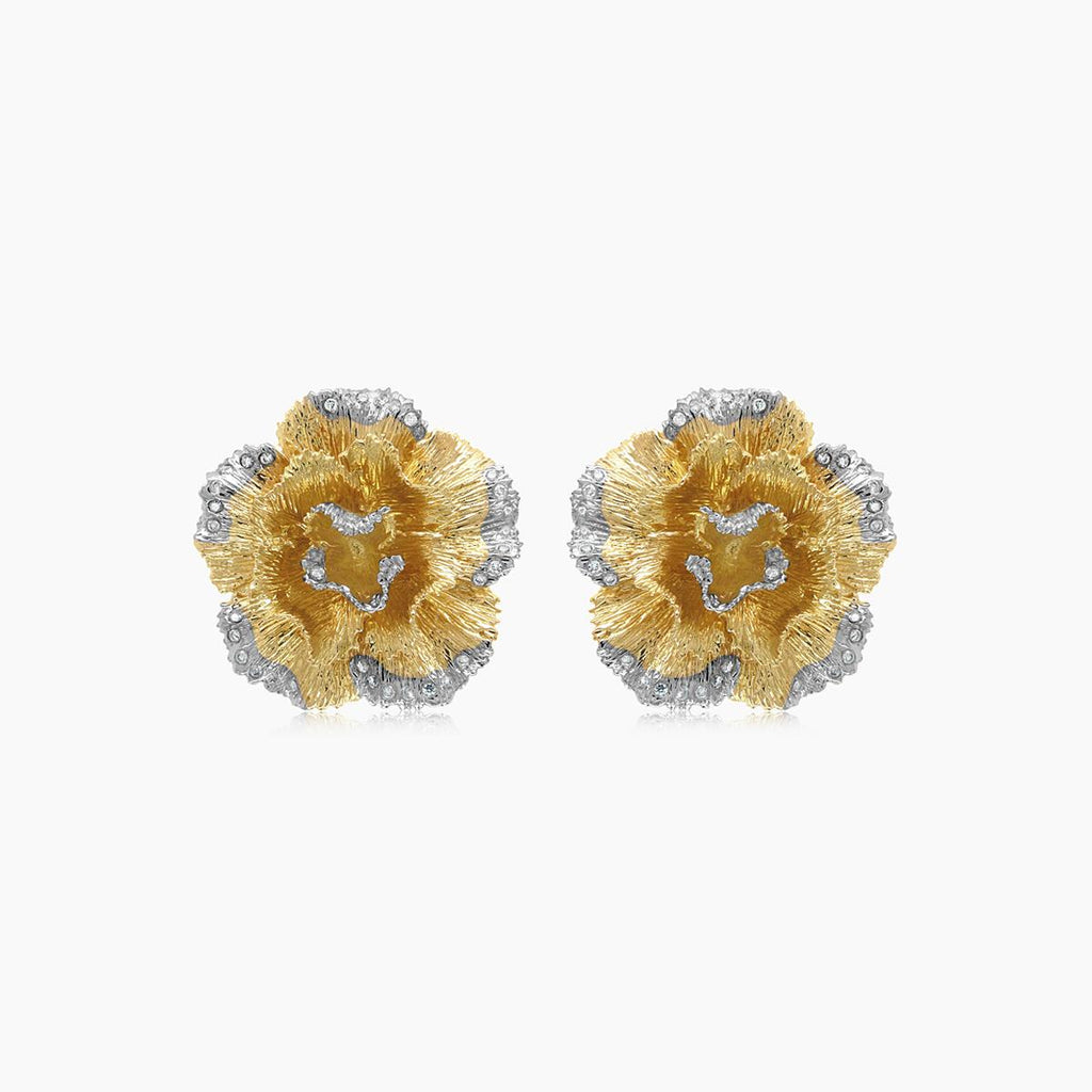 White Diamond Lilly Flower 18K White & Yellow Gold Brushed Finish Earrings