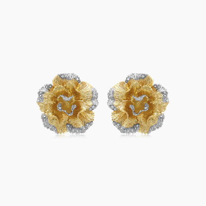 White Diamond Lilly Flower 18K White & Yellow Gold Brushed Finish Earrings