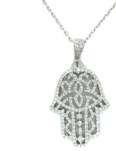 Hamsa Hand White Diamond 18K White Gold Pendant Necklace