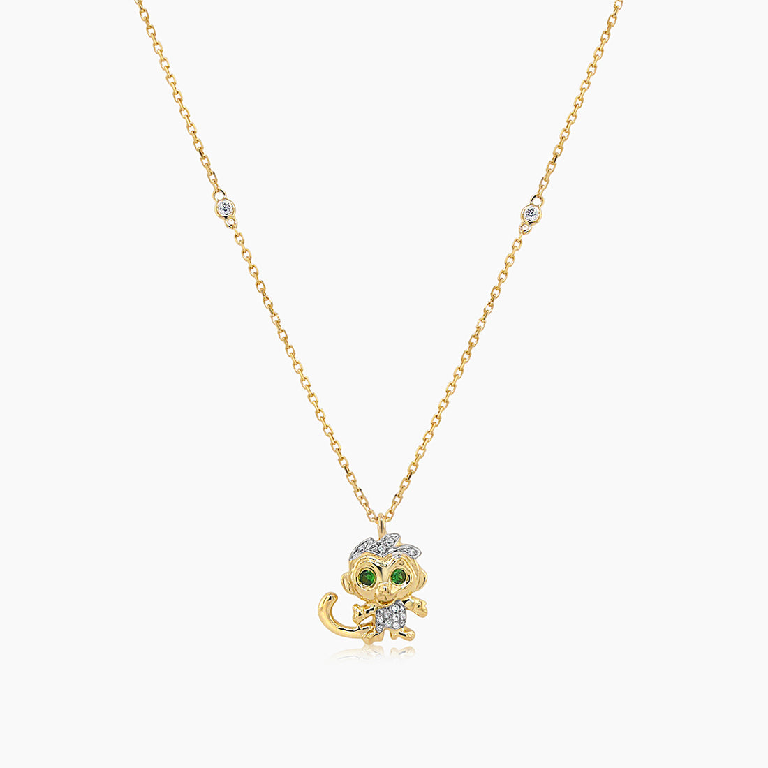 Monkey White Diamond & Green Garnet 18K Yellow Gold Pendant Necklace