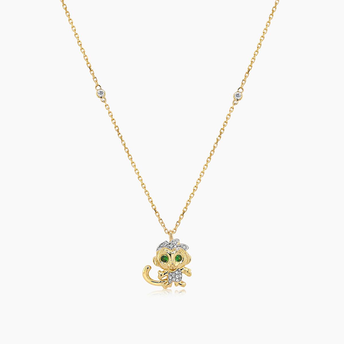 Monkey White Diamond &amp; Green Garnet 18K Yellow Gold Pendant Necklace