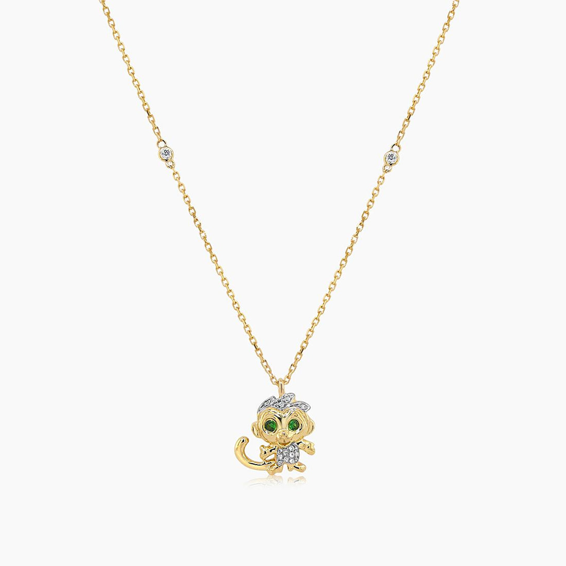 Monkey White Diamond &amp; Green Garnet 18K Yellow Gold Pendant Necklace