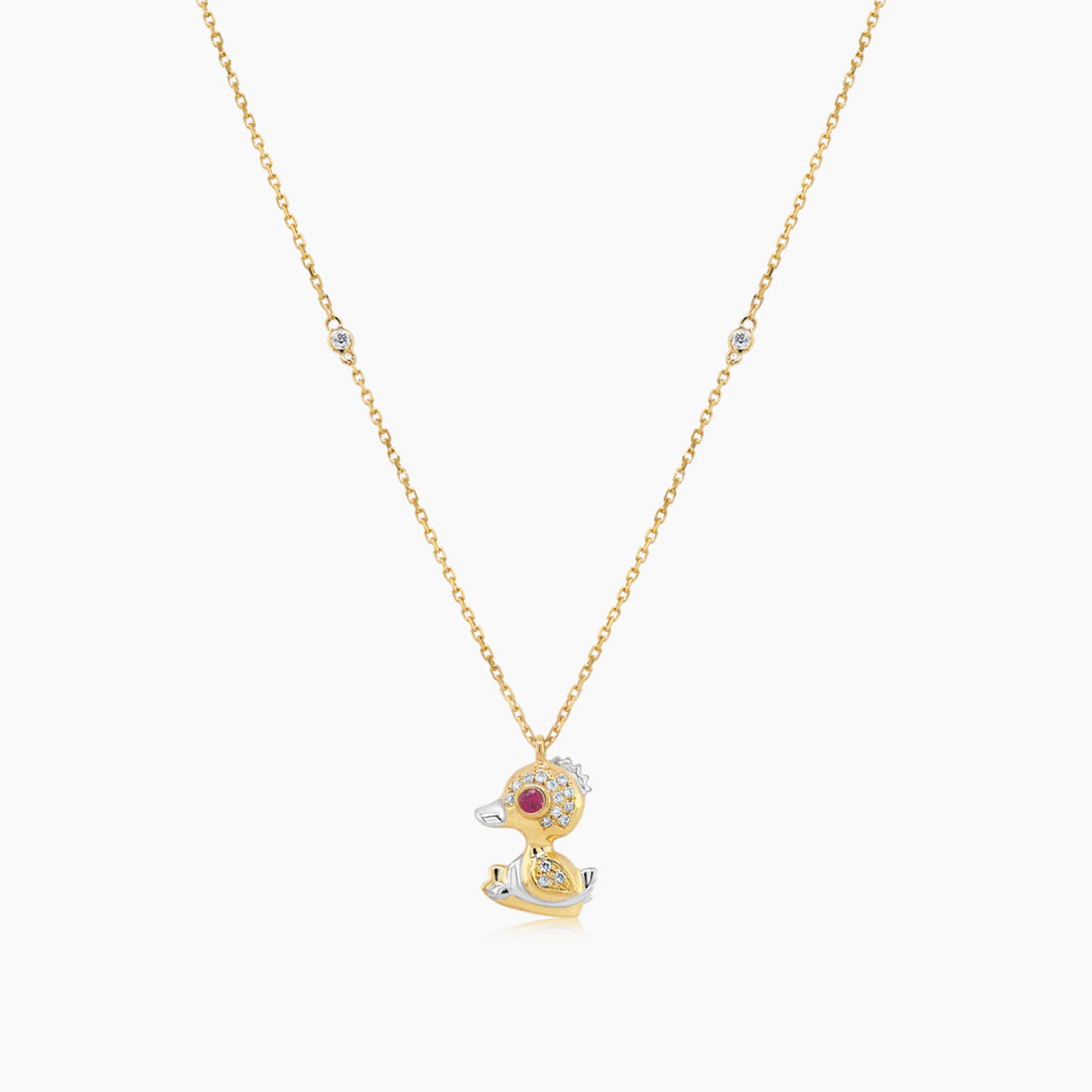 Duck Goose Bird White Diamond Ruby 18K Yellow Gold Animal Pendant Necklace