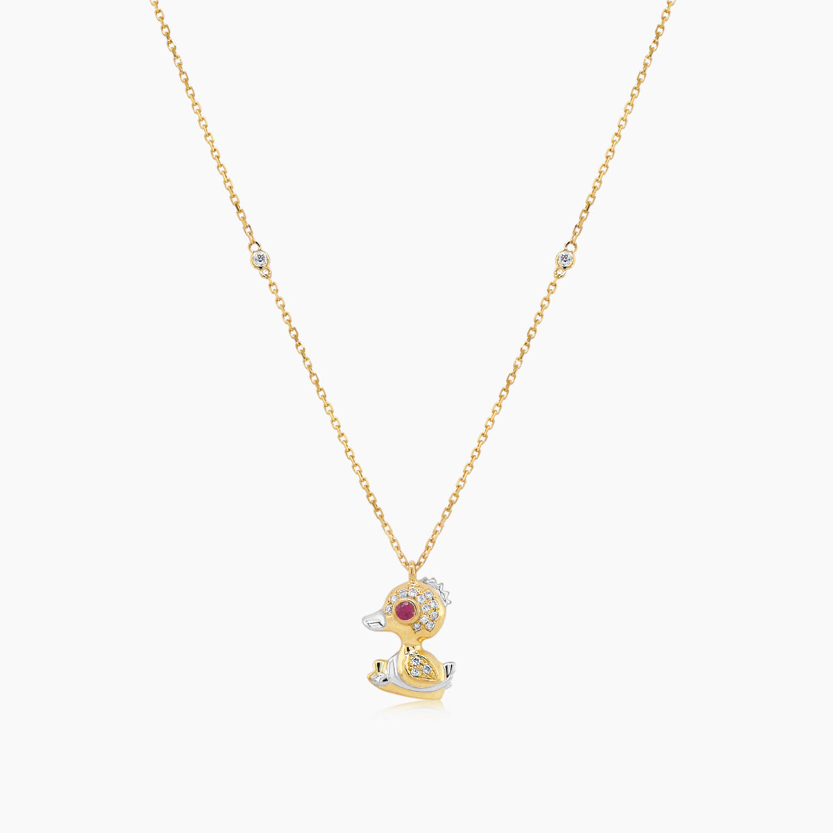Duck Goose Bird White Diamond Ruby 18K Yellow Gold Animal Pendant Necklace