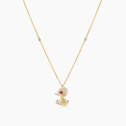 Duck Goose Bird White Diamond Ruby 18K Yellow Gold Animal Pendant Necklace