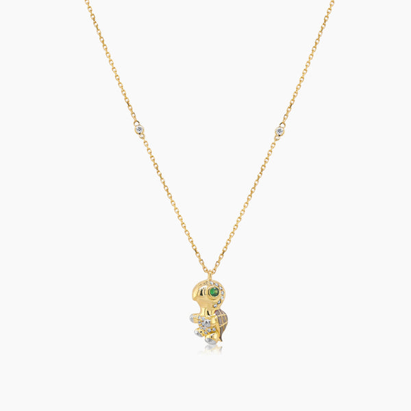 Turtle White Diamond & Green Garnet 18K Yellow Gold Pendant Animal Necklace