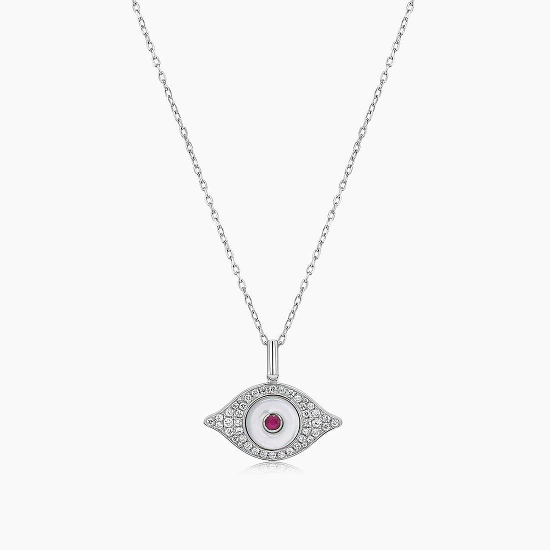 Evil Eye Ruby &amp; White Diamond &amp; White Pearl 18K White Gold Pendant Necklace