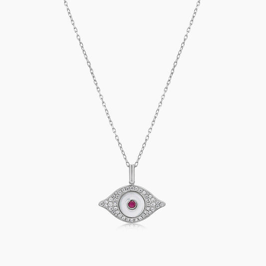 Evil Eye Ruby & White Diamond & White Pearl 18K White Gold Pendant Necklace