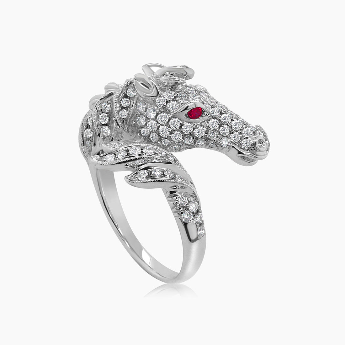 Horse Stallion Pony Diamond Pave & Ruby 18K White Gold Ring