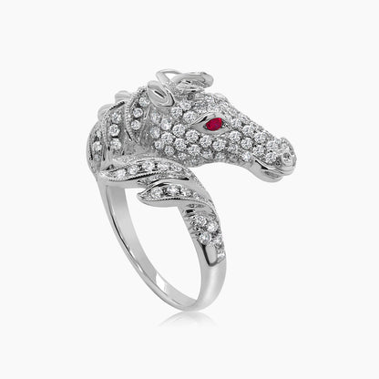 Horse Stallion Pony Diamond Pave &amp; Ruby 18K White Gold Ring
