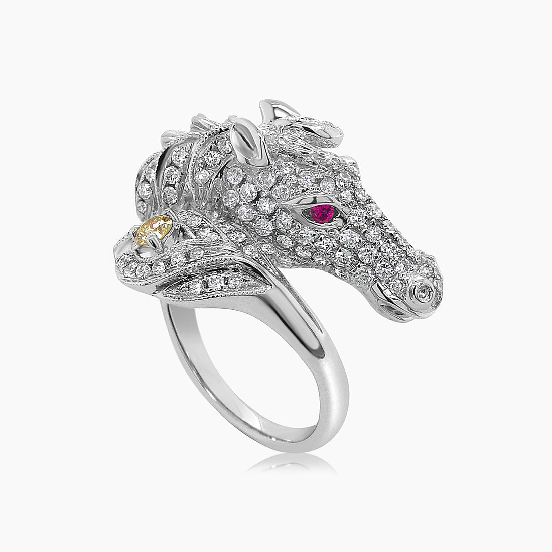 Horse Stallion Pony Diamond Pave & Ruby 18K White Gold Ring