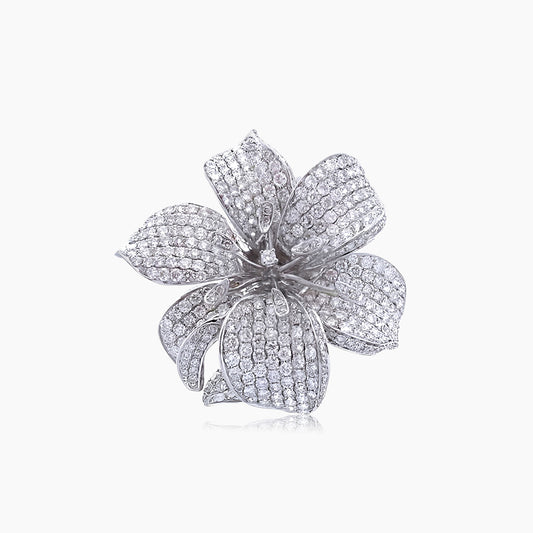 White Diamond Pave Set Lilly Flower Floral 18K White Gold Ring