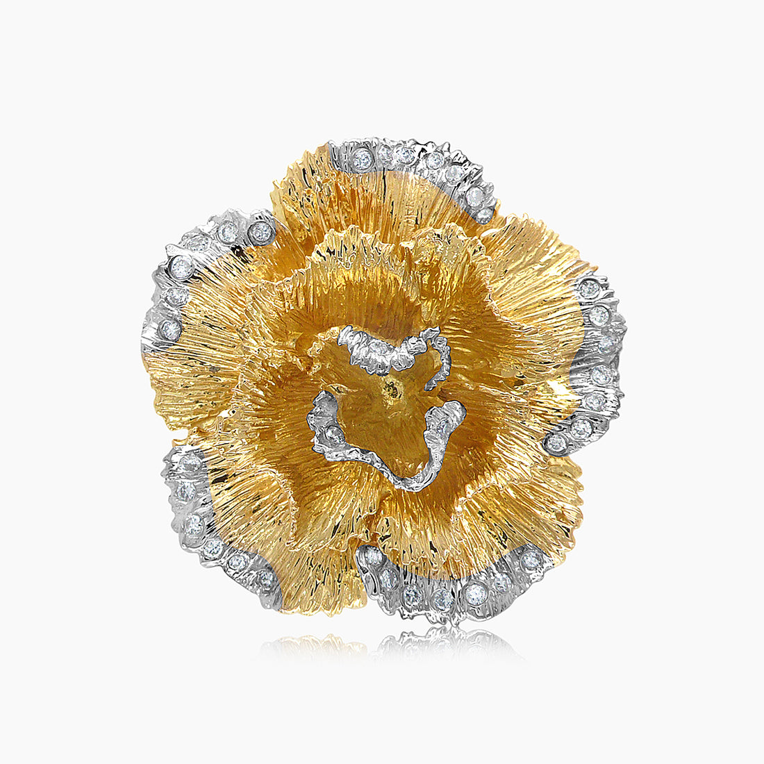 White Diamond Pave Set Lilly Flower Floral 18K White & Yellow Gold Ring
