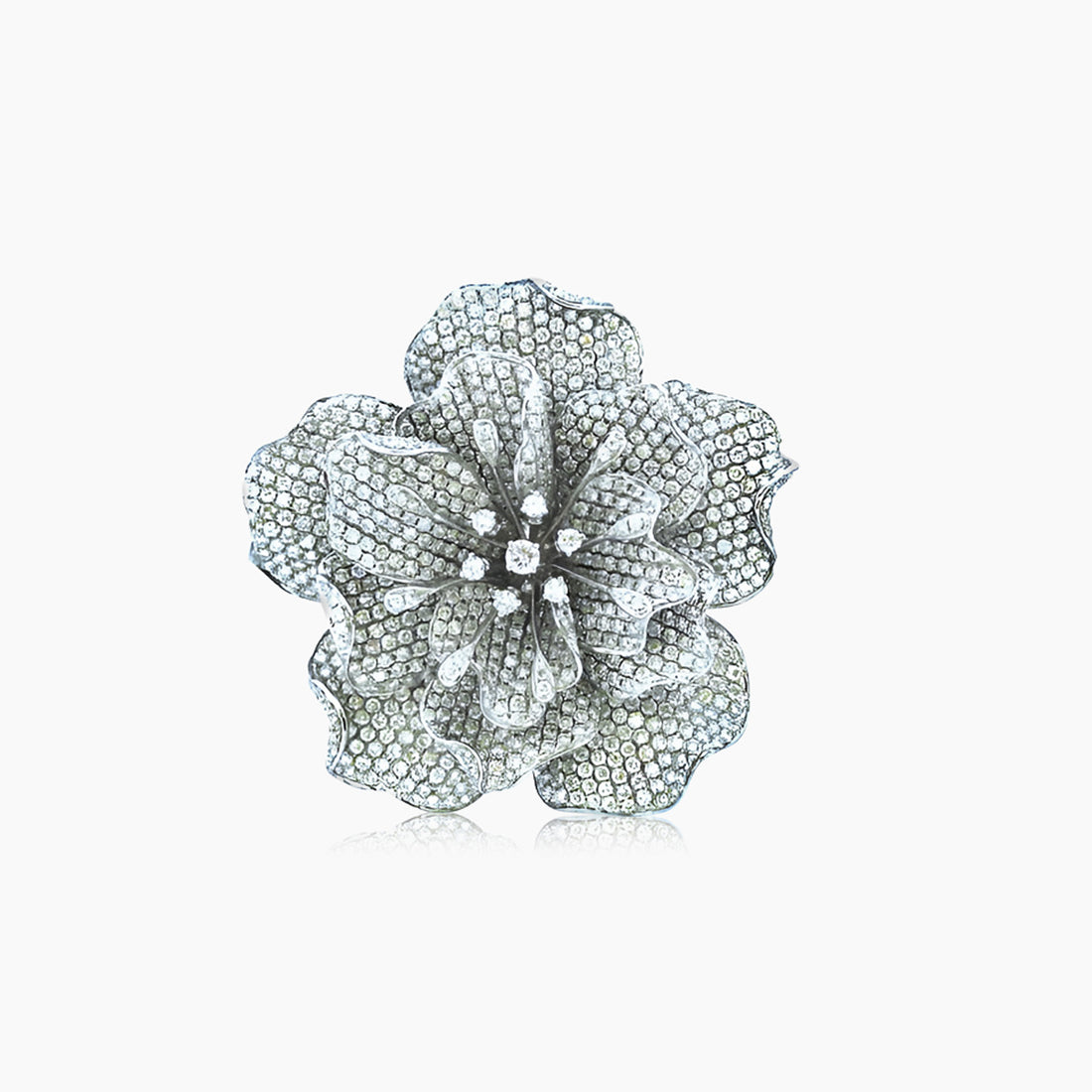 White Diamond Pave Set Lilly Flower Floral 18K White Gold Ring