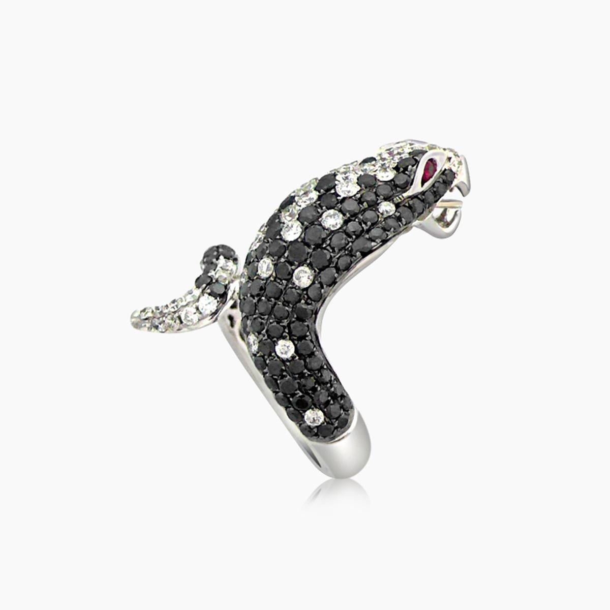 snake animal black & white diamond ruby white shell 18k white gold ring
